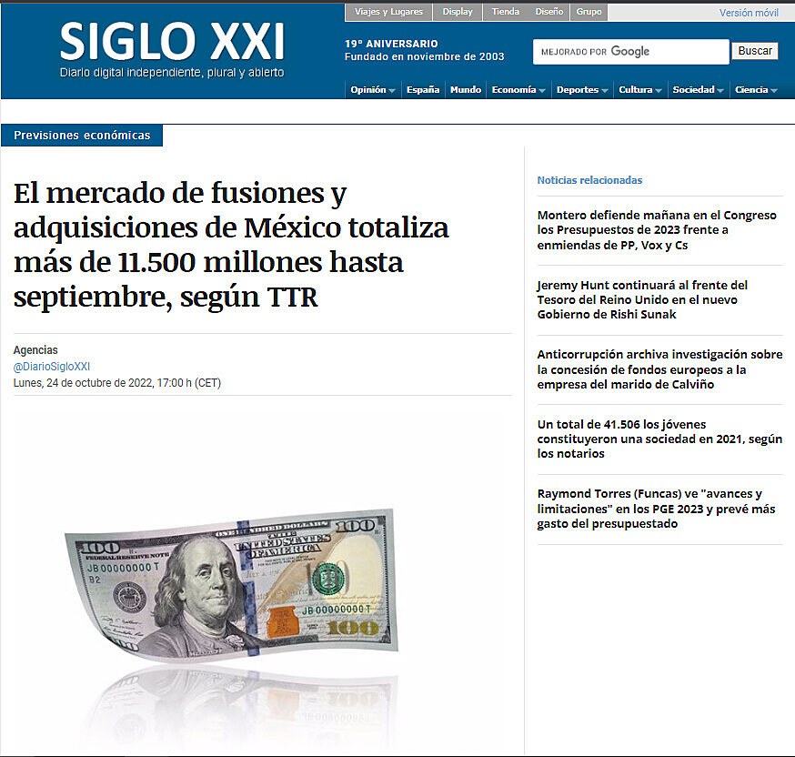 El mercado de fusiones y adquisiciones de Mxico totaliza ms de 11.500 millones hasta septiembre, segn TTR